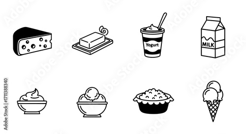 Vector Icon Set of Common Dairy Foods in a Minimalist Black and White Line Art Style