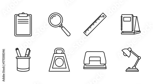 Collection of essential business and school stationery icons in a simple black and white line art style