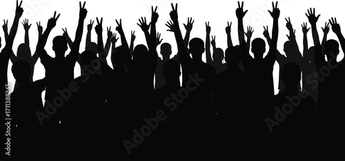 Silhouette of crowd with raised hands making peace signs – concert, celebration, unity, and crowd energy concept.