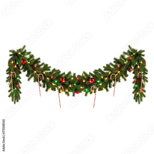 Festive Christmas Garland with Lights, Candy Canes, and Ornaments on Black Background
