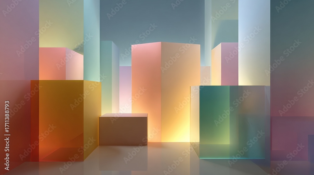 Fototapeta premium Colorful abstract glass structures modern art exhibit visual art indoor elevated view contemporary design