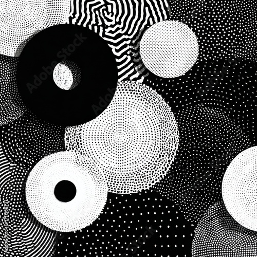 Dynamic black and white patterns abstract art installation indoor gallery modern aesthetic top-down perspective
