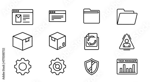 A collection of line art icons representing biology and science concepts