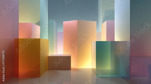 Colorful abstract glass structures modern art exhibit visual art indoor elevated view contemporary design