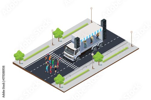 Music Festival Illustration on truck on the side of the road 3d Isometric View of Party Elements, people dancing, truck. Concert Background and Stage Landscape. Musical Event vector illustration