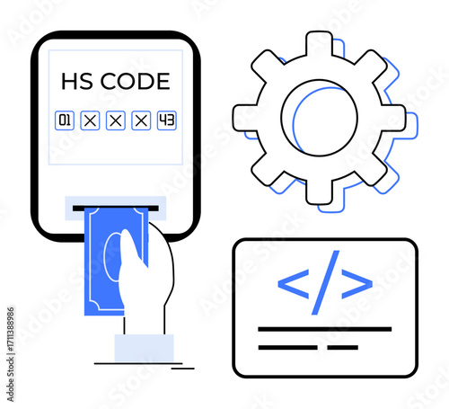 Hand inserting cash, numerical code entry, gear, coding interface. Ideal for trade, tariffs, customs, global commerce automation finance software. Minimalist simple flat metaphor