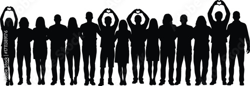 Silhouette of diverse people standing together, forming heart shapes with hands, unity, love, teamwork, community, and togetherness concept.
