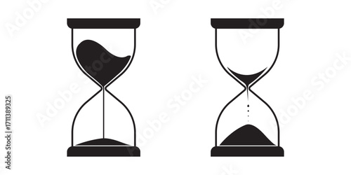 Hourglass vector icon, isolated object on white background. Stylish sand timer hourglass representing time, balance, and deadlines. Perfect for business, productivity, countdown, education, antique.
