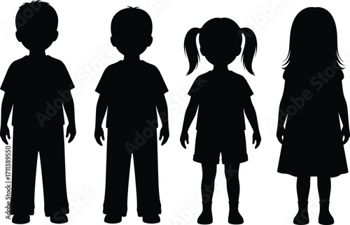 Silhouette of four children – two boys and two girls – standing together, childhood, education, family, and youth concept.