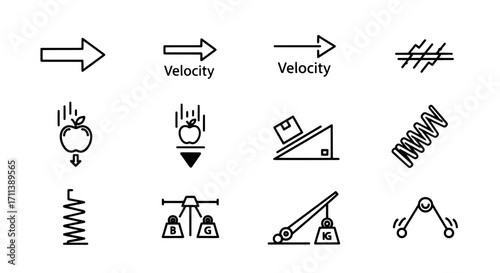 Physics and Science Icons Motion, Forces, and Energy Concepts