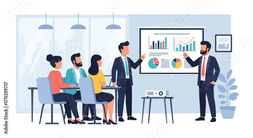 Business meeting with a presentation on a screen, people discussing and analyzing data.