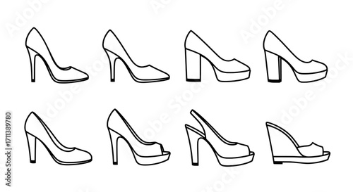 Set of elegant women's high-heeled shoes line art icons
