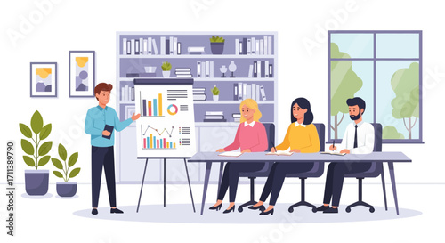 A business presentation taking place in an office setting with a presenter and colleagues.