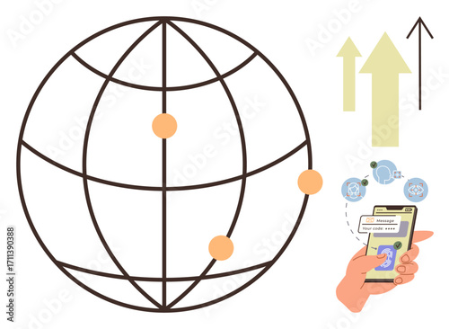 Globe with connection points, hand holding smartphone displaying online banking and growth arrows. Ideal for technology, finance, globalization, growth, innovation, data sharing, communication