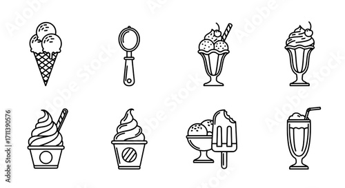 Minimalist black and white outline icons of popular ice cream and frozen desserts
