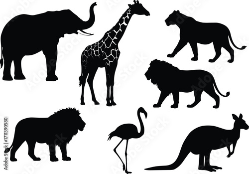 Silhouette set of wild animals including elephant, giraffe, lion, tiger, flamingo, and kangaroo – nature and wildlife concept.