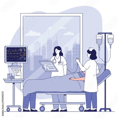 Two nurses provide vital patient care in a 2D flat vector; one monitors vitals, the other adjusts an IV drip for a patient in a hospital bed, city view background.