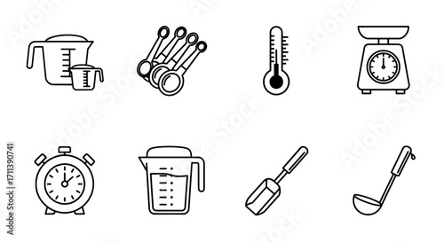 Modern outline icons representing various kitchen measuring instruments and cooking utensils
