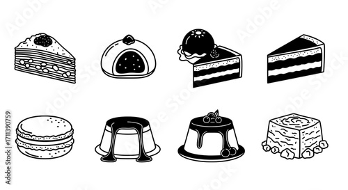 Set of gourmet dessert line art icons for bakery and cafe menus