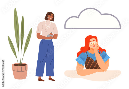 Pensive woman rests her head on hand at desk, another woman stands nearby taking notes, large potted plant beside them under a cloud outline. Ideal for creativity, teamwork, brainstorming