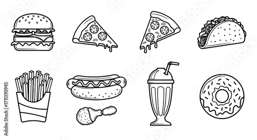 Assortment of Classic Fast Food Items in Black and White