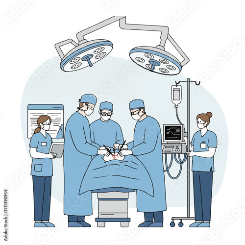 A professional team of gowned and masked surgeons performs an operation in an operating room, with a medical assistant monitoring equipment, presented as a clear 2D flat vector illustration.