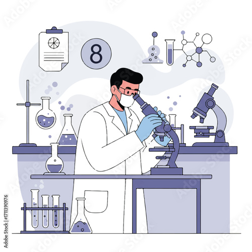 A focused male scientist in a lab coat meticulously examines samples under a microscope within a sterile laboratory, surrounded by equipment, in a clean 2D flat vector illustration.