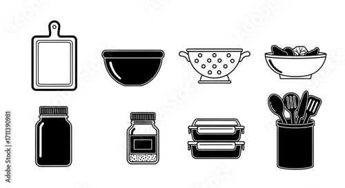 A minimalist set of black and white kitchenware and cookware icons for food preparation
