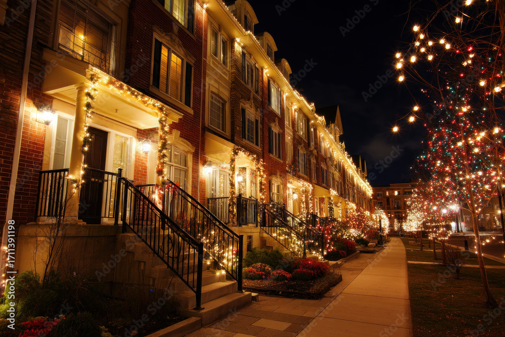 Fototapeta premium A row of townhouses decorated with holiday lights Families enjoy the festive atmosphere