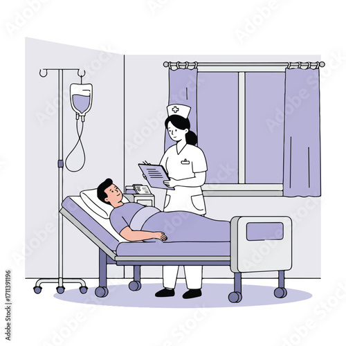 A caring nurse checks on a patient lying in a hospital bed with an IV drip stand nearby, illustrated in a clean 2D flat vector style with simplified outlines.