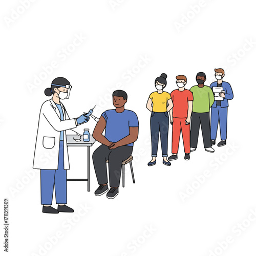 Diverse individuals patiently wait in line at a community health event as a healthcare worker administers a vaccine, presented in a simplified 2D vector illustration.