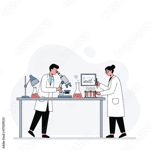 Flat 2D vector illustration: Two scientists in a modern laboratory; one uses a microscope, the other analyzes computer data, with test tubes and beakers on a bench, white background.