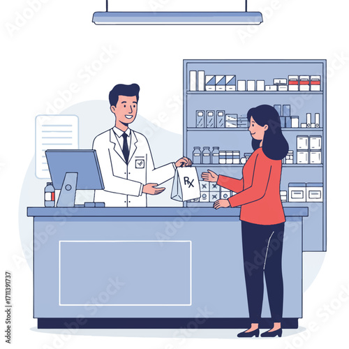 Friendly male pharmacist hands a prescription bag to a female customer at a pharmacy counter, with shelves of medicine in the background, a clean 2D flat vector illustration.