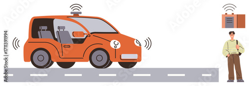 Orange self-driving car emits wireless signals on the road near a passenger with a bag. Ideal for transportation, innovation, artificial intelligence, mobility, future tech, travel, urban design