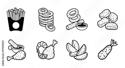 Assortment of fried food icons on a white background