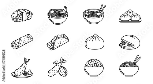 Collection of international food icons in a minimalist black and white line art style