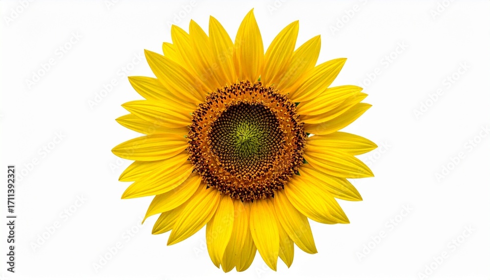 Fototapeta premium Isolated sunflower in full bloom with yellow petals and brown-green center on white background