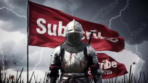 epic knight stands before subscribe banner stormy sky