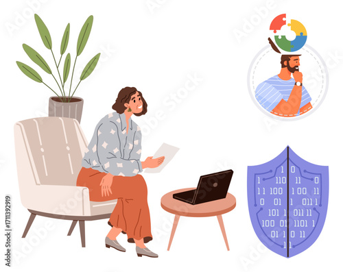 Woman sitting on a chair holding paper near a laptop, shield with binary code, thought bubble showing problem-solving. Ideal for cybersecurity, analysis, problem-solving, remote work