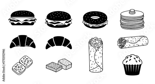 Delicious Food Assortment Burger, Croissant, and Pancake Delights