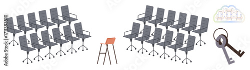 One orange chair standing out among rows of gray chairs and a key symbolizing uniqueness, leadership, and opportunity. Ideal for team dynamics, innovation, individuality, empowerment