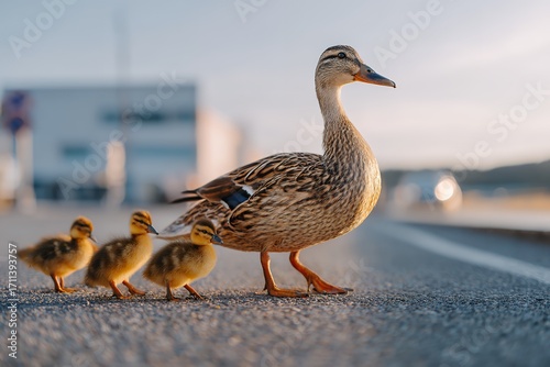 Fototapeta Naklejka Na Ścianę i Meble -  Female mallard duck leading ducklings across urban street at sunrise