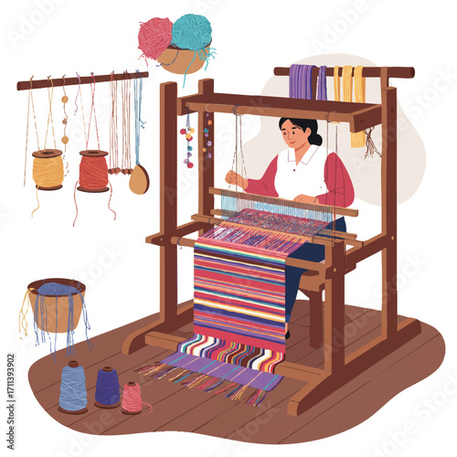 Rural woman weaving a vibrant, colorful textile on a traditional loom, surrounded by spools of yarn in a rustic workshop, depicted in a bright 2D flat vector illustration.
