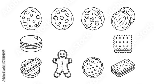 Collection of assorted cookies and biscuits in a line drawing style