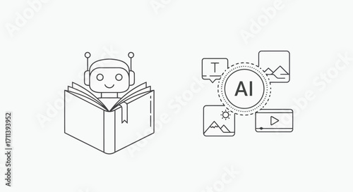 Vector illustration of a cute robot reading a book and ai icons, representing artificial intelligence learning and content creation