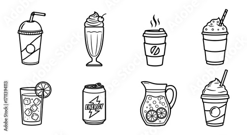 Collection of various beverage icons in a simple doodle style