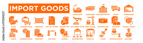  Import Goods icon set. Editable Stroke Icon Collection. Cargo Ship, Shipping Container, Customs Office, Freight Truck, Warehouse Storage, Air Cargo Plane, Port Crane, Shipping Box, Customs 