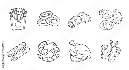 Assortment of Fried Delights A Black and White Food Illustration