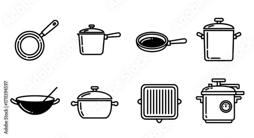 Collection of essential kitchen cookware icons featuring various pots and pans in a modern line art style