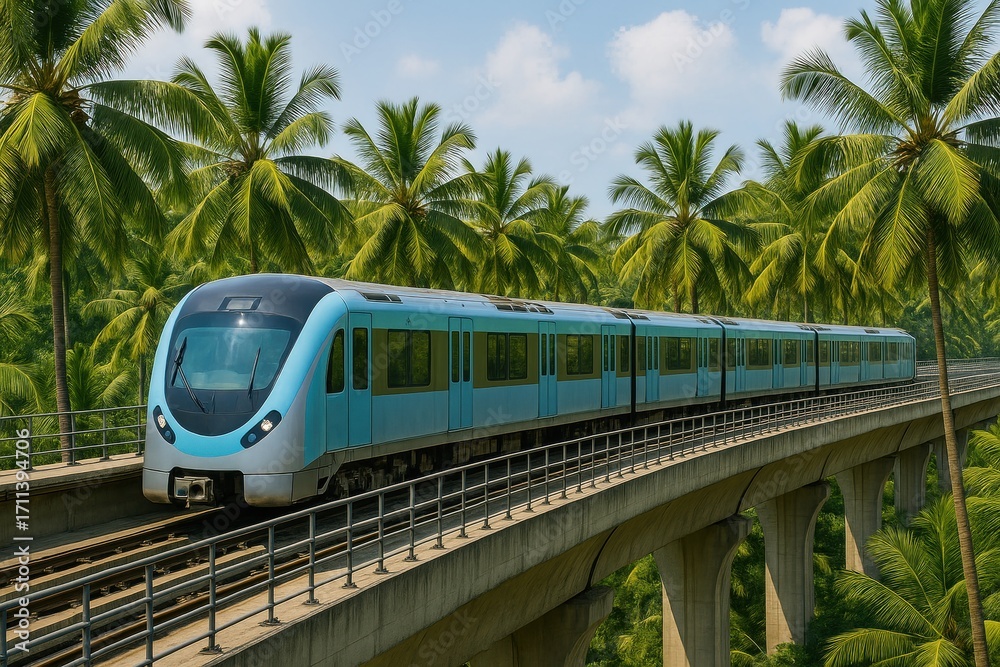 Naklejka premium Subway Train through Tropical Scenery: A modern subway train glides gracefully along an elevated track, winding through a lush landscape of towering palm trees.